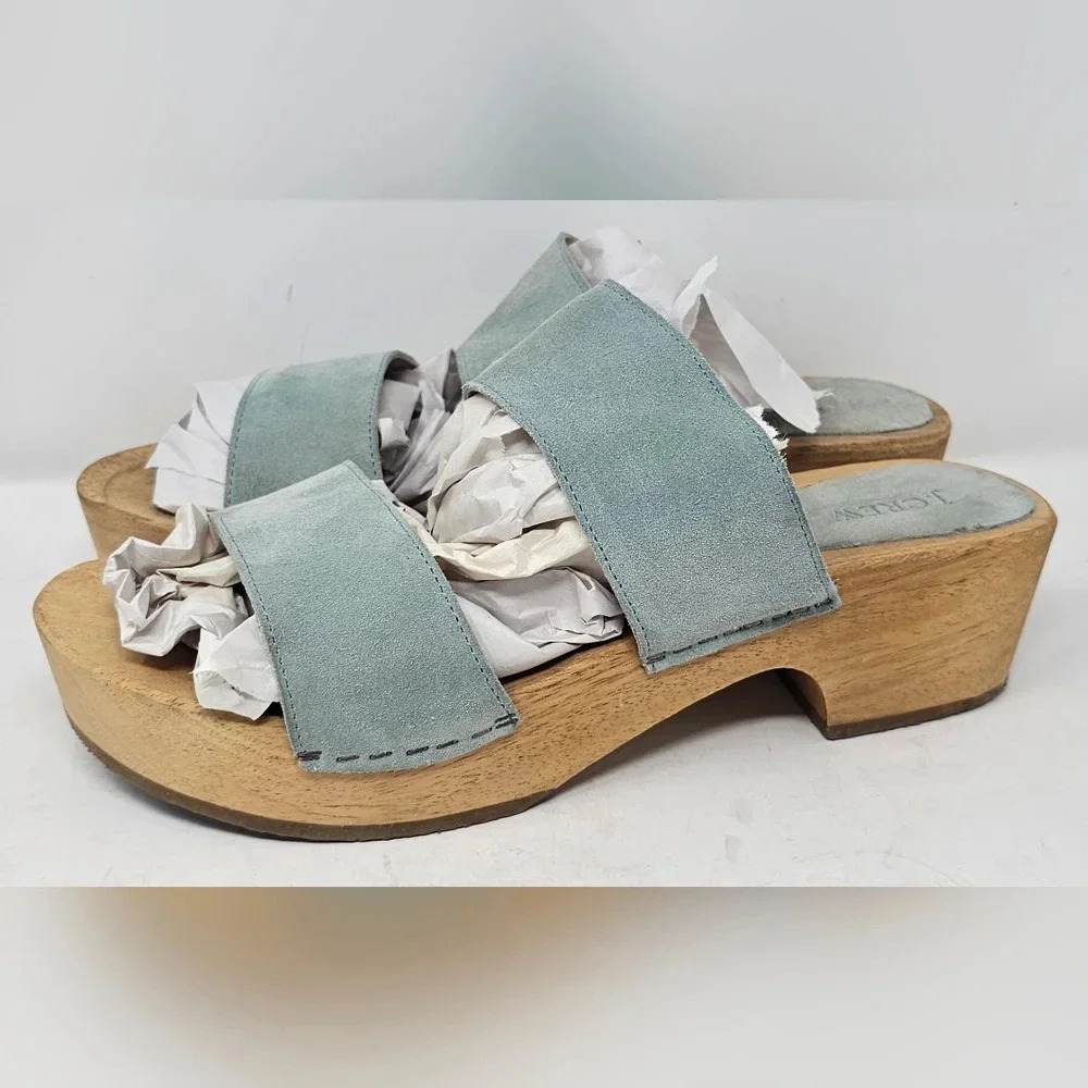 J. Crew Made-in-Spain Double Suede Strap Wood Block Clog Sandal Size 10